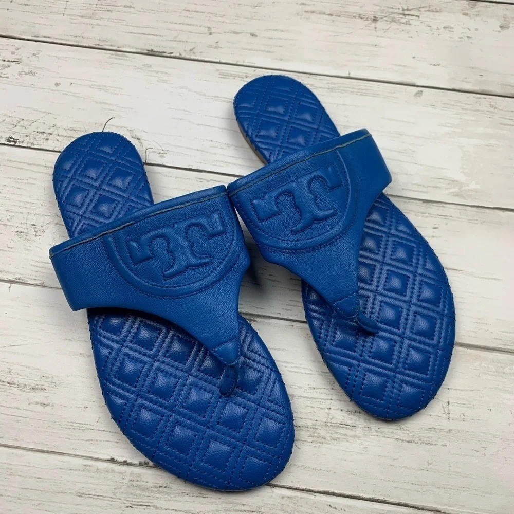 Tory Burch Fleming Flat Thong Sandals Large Logo Blue Summer Flip Flop